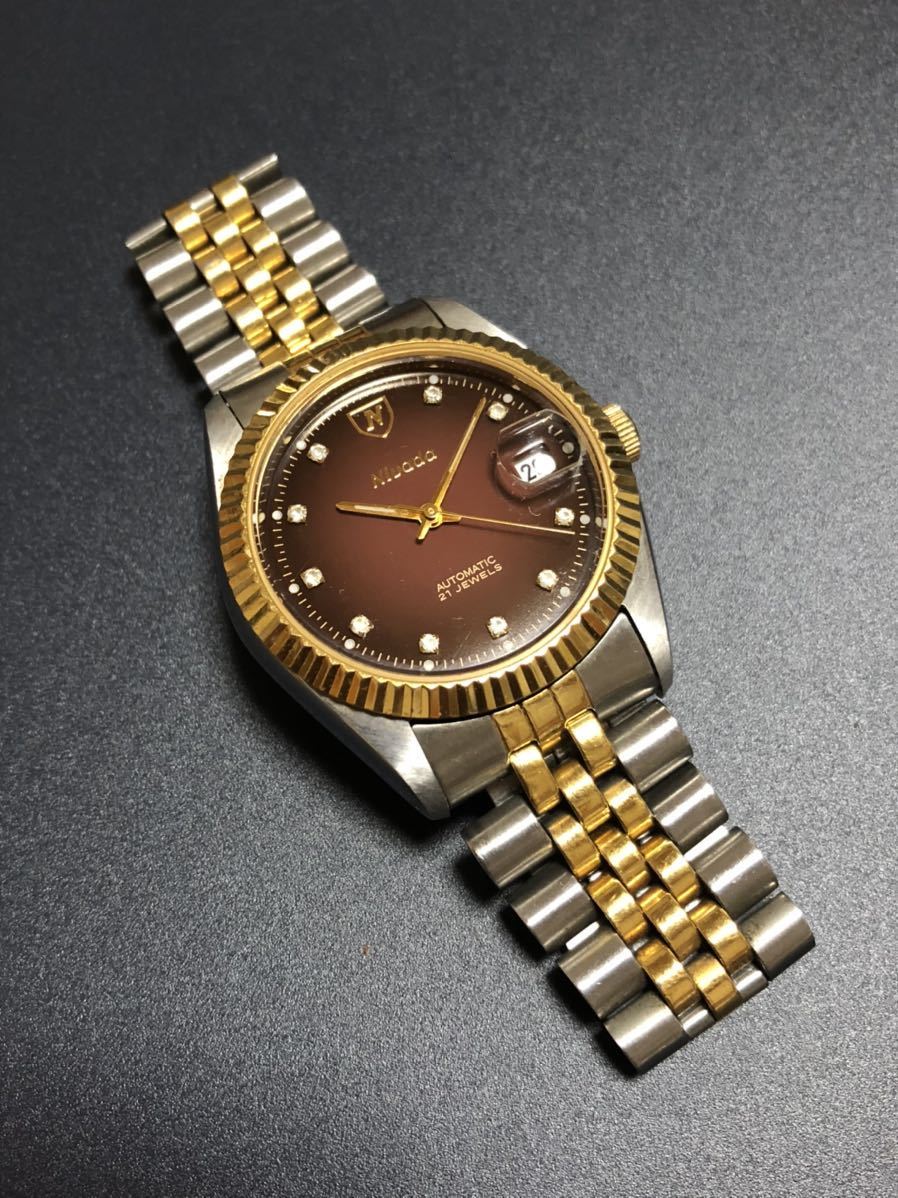 Nivada ニバダ 自動巻き レッドグラデーション 赤 茶文字盤 ブラウン ゴールド デイトジャスト メンズ腕時計 腕時計 シチズンミヨタ 稼動品