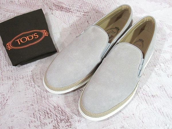 ◆超美品◆TOD'S トッズ◆スリッポン スニーカー シューズ ロゴ入り ローカット メンズ #8 グレー×白 シューズ袋付き_画像1