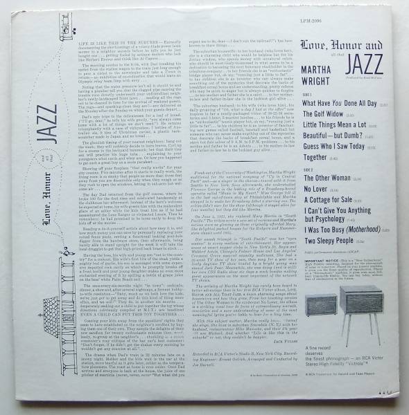 ◆ MARTHA WRIGHT / Love Honor And All That Jazz ◆ RCA LPM-2096 (dog:dg) ◆_画像2