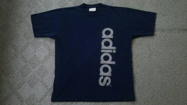 ～90s ビンテージ adidas アディダス ビッグロゴプリント Tシャツ Lサイズ ネイビー トレフォイル 90年代 // ファイヤーバードATP_画像1