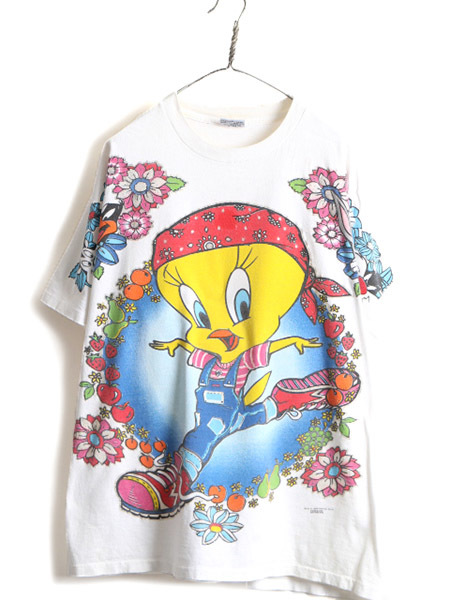 90s ■ ワーナー ルーニー テューンズ オーバー プリント 半袖 Tシャツ ( メンズ レディース XL 程) 古着 90年代 オールド キャラクター 白