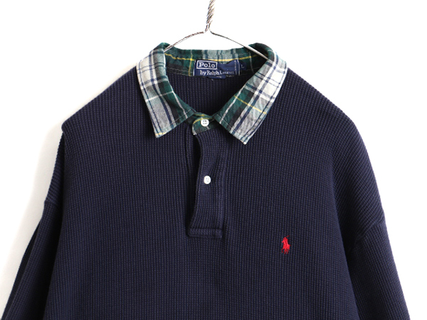 90s ■ POLO ポロ ラルフローレン サーマル 長袖 ポロシャツ ( メンズ L ) 古着 90年代 オールド 長袖シャツ チェック 切替 ワッフル 紺_画像2