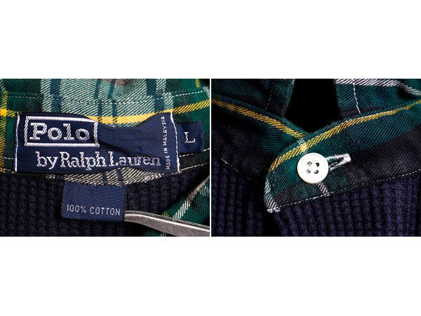 90s ■ POLO ポロ ラルフローレン サーマル 長袖 ポロシャツ ( メンズ L ) 古着 90年代 オールド 長袖シャツ チェック 切替 ワッフル 紺_画像5