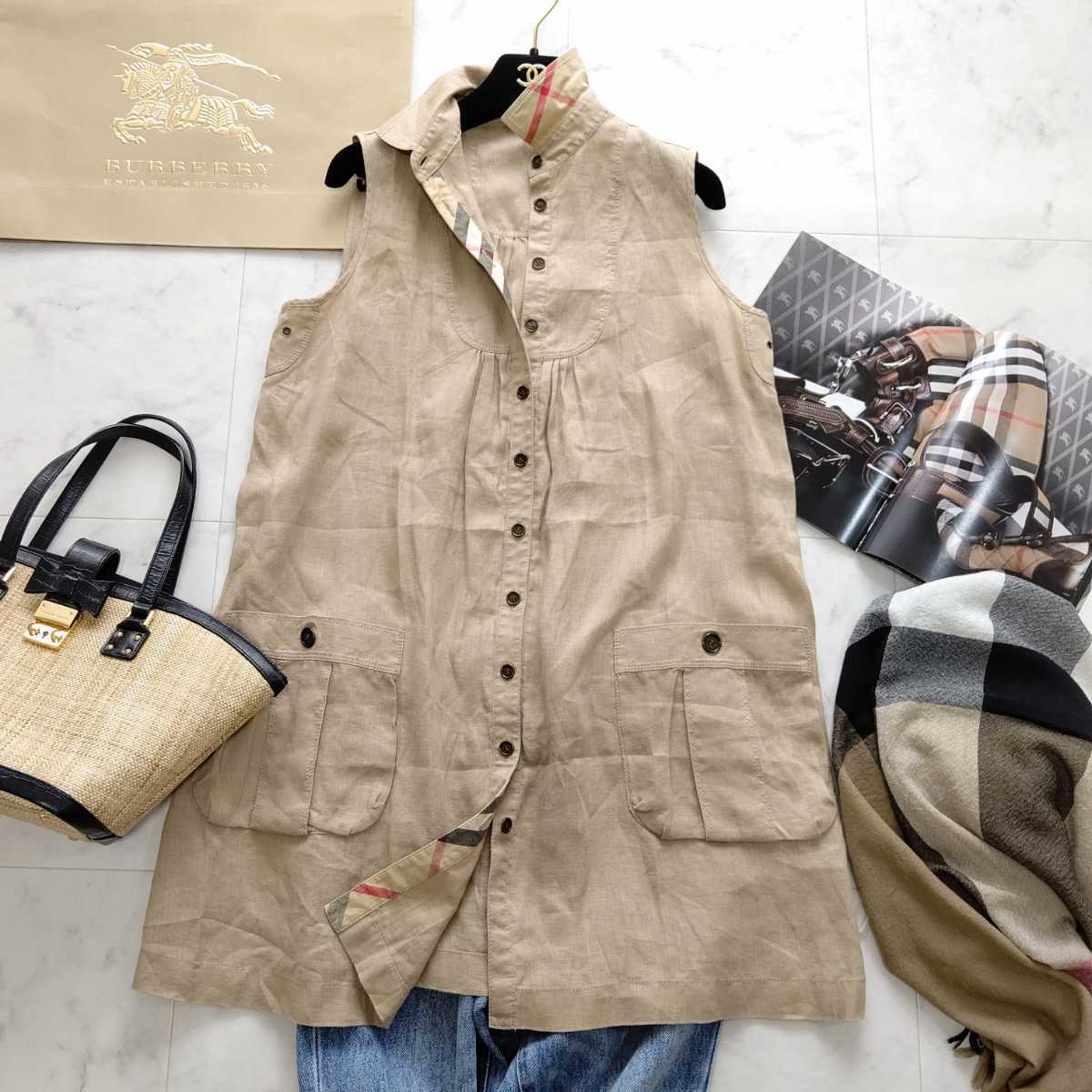 大きいサイズ 超美品 BURBERRY バーバリーロンドン チュニックワンピース チュニック ノバチェック 麻 リネン 夏コーデ 40 L