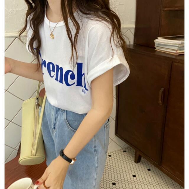 前面プリント　半袖Tシャツ　レディース　ホワイト　ブルー　Lサイズ　新品未使用_画像4