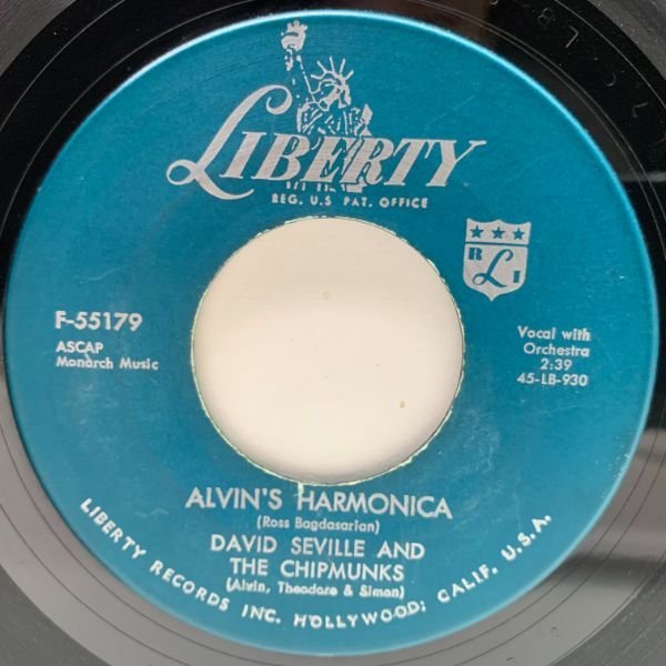 【愛嬌のあるモンド・サウンド】USオリジナル 7インチ CHIPMUNKS Alvin's Harmonica / Mediocre ('59 Liberty) チップマンクス 45RPM._画像1
