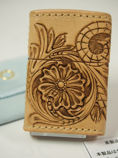 『1年保証』 革巻き Zippo レザー ◆豪華 カオス ハンドメイド Works Leather クラフト シェリダン LWC 《3面》 花 唐草 ヌメ CHAOS 『彫刻』 その他