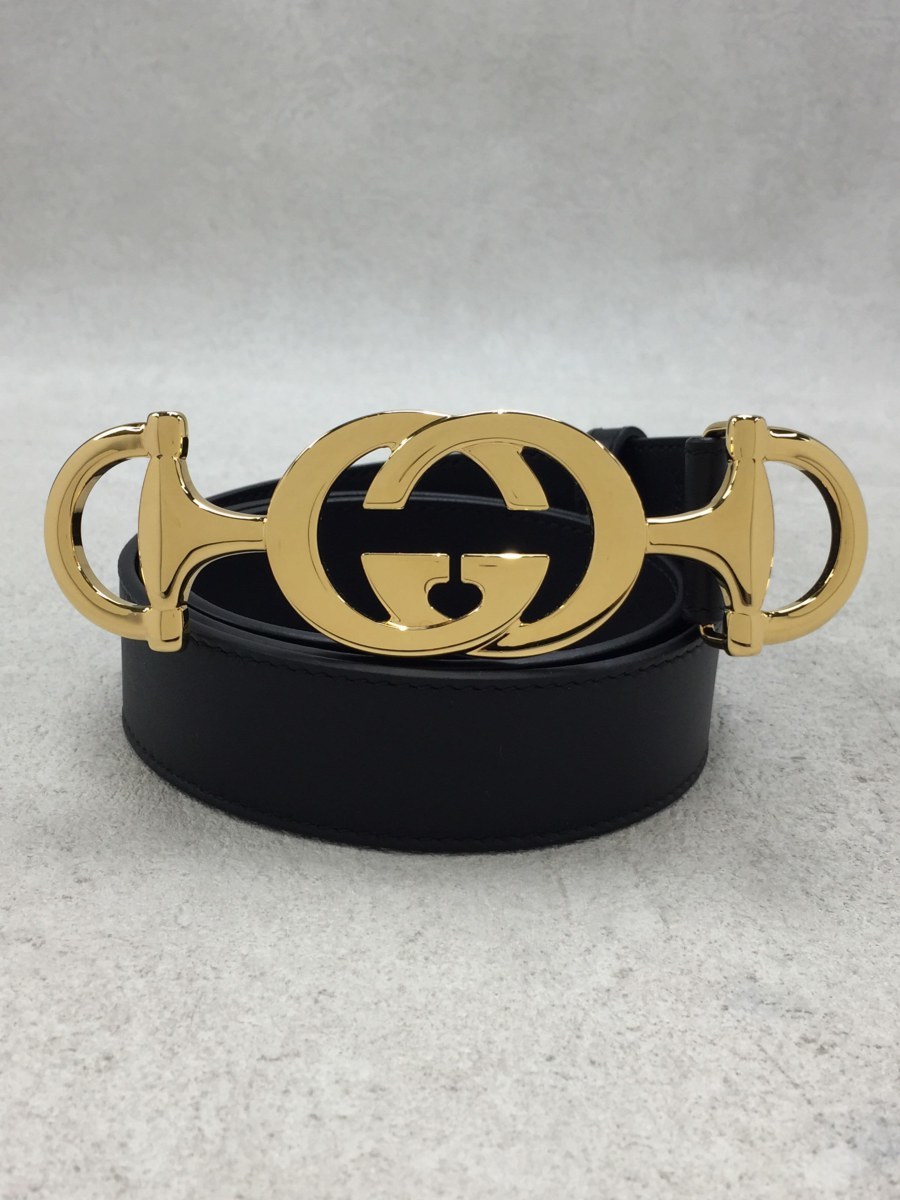 GUCCI◇インターロッキングG ホースビット/ベ?ルト/レザー/BLK/無地