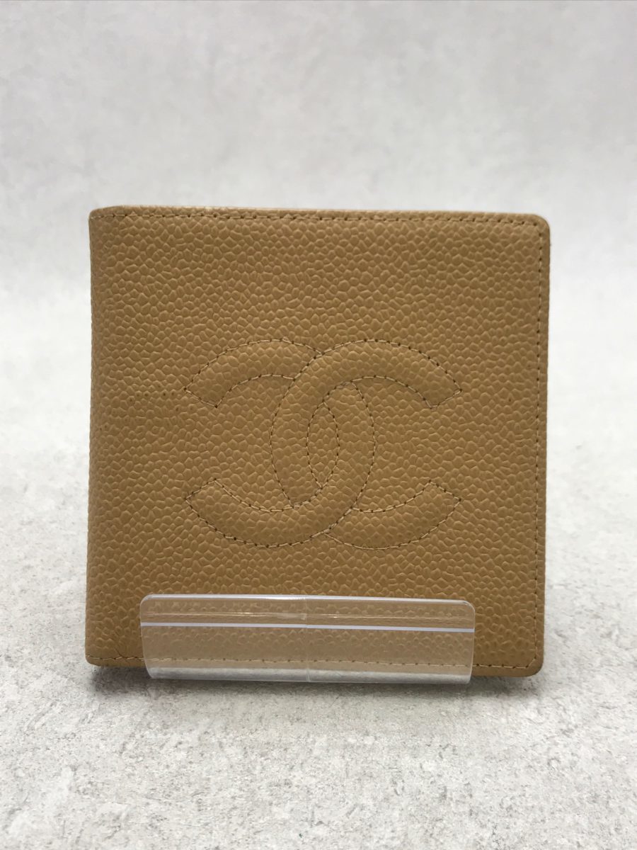 CHANEL◇キャビアスキン/ココマーク/2つ折り財布/レザー/BEG