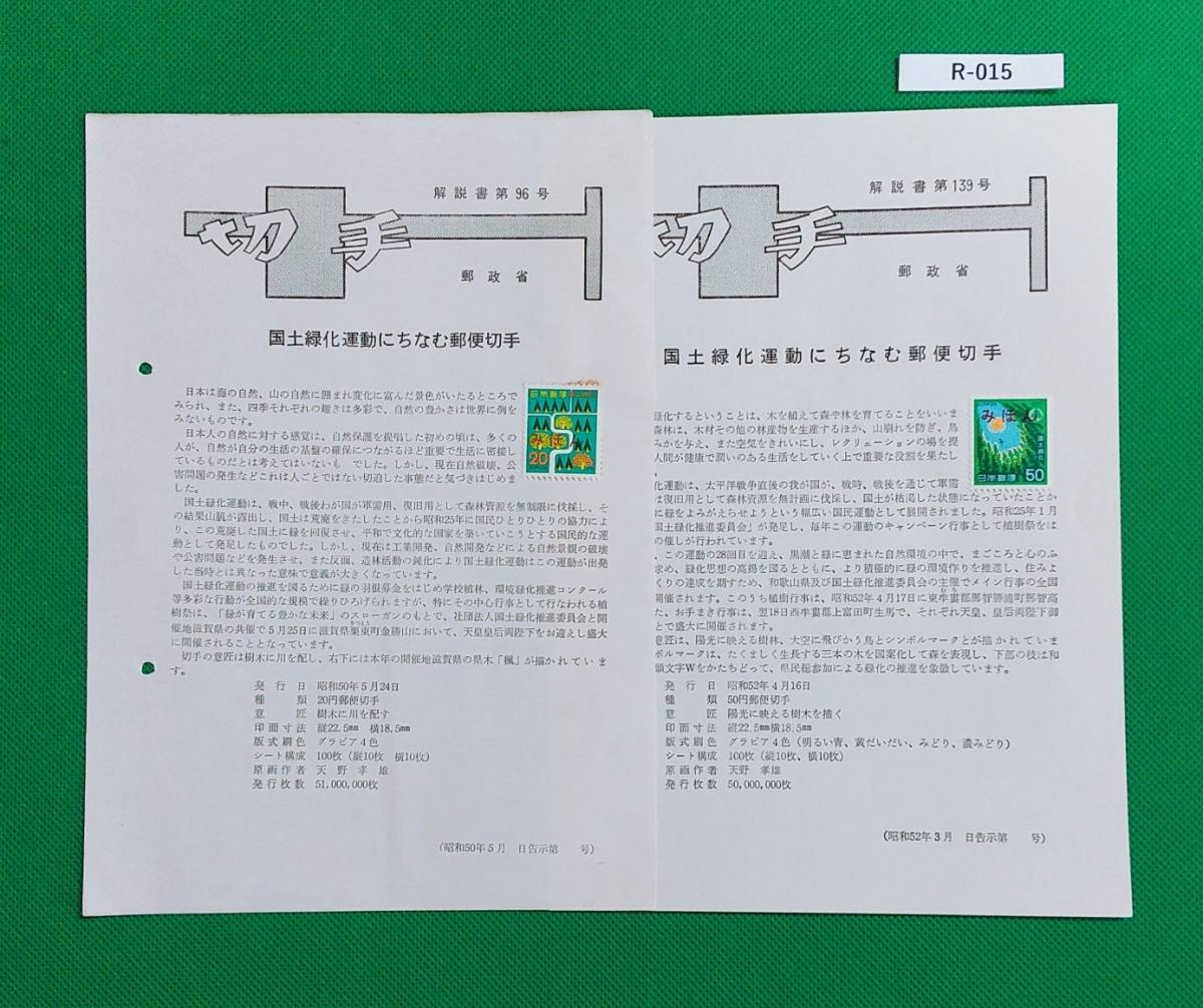 みほん切手/希少!/郵政省解説書貼り/国土緑化/昭和50年,昭和52年/郵政省解説書/FDC/見本切手/説明書 №R-015_画像1