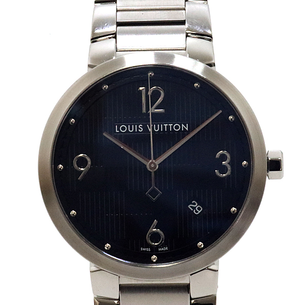 【おまけ付】 LOUIS VUITTON クォーツ【中古】 ブラック（黒）文字盤 Q1D00 タンブール　ダミエ メンズ腕時計 ルイヴィトン ルイ・ヴィトン