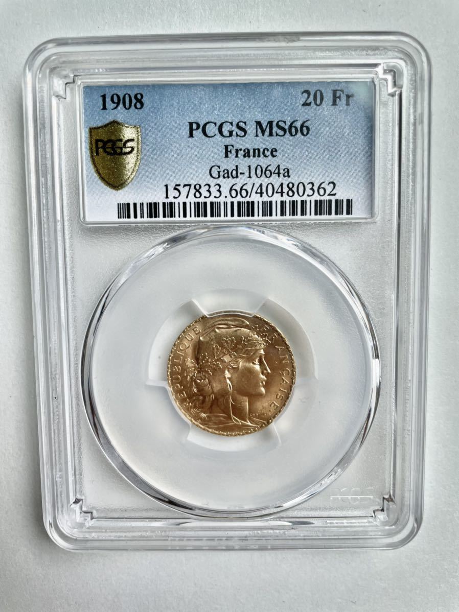 PCGS希少高鑑定】1908年 フランス 20フラン 金貨 マリアンヌ