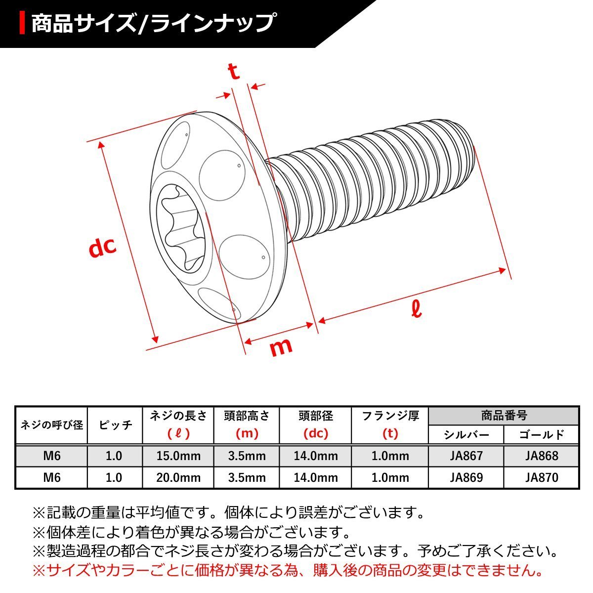 M6×20mm P1.0 頭部径14mm 64チタン合金 テーパー ホールヘッド ボルト トルクス穴 ワイドフランジ シルバーカラー 車/バイク 1個 JA869_画像2