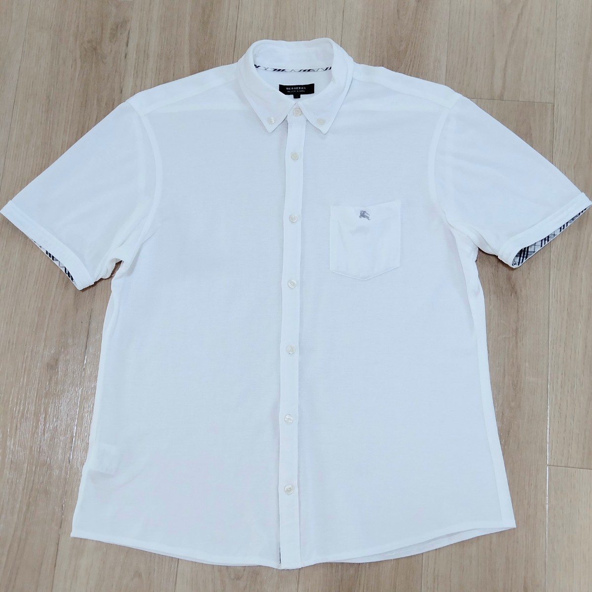 極美品!!3(L)白 前立てノバチェック柄 半袖ボタンダウンシャツ