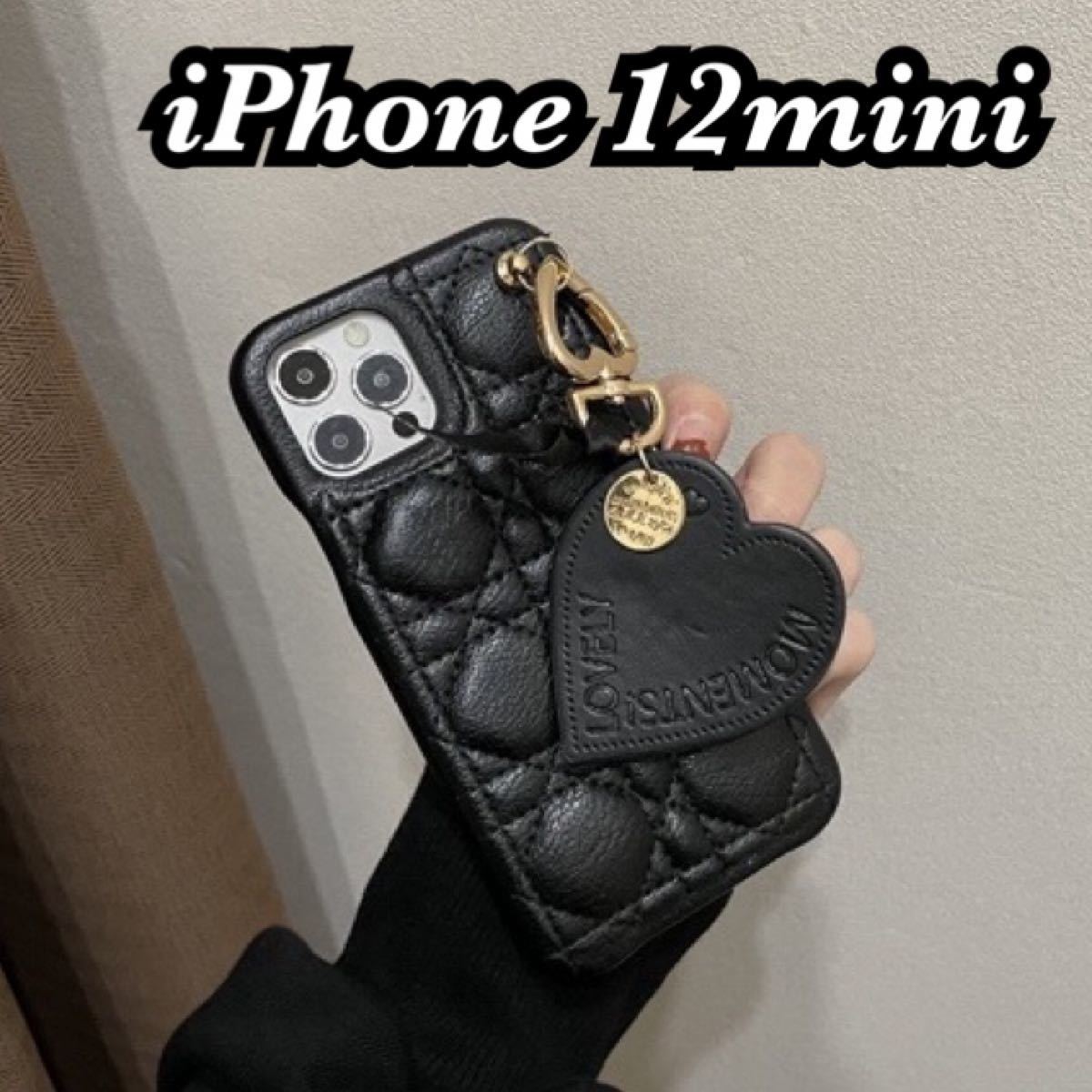 iPhone12mini ケース 黒 ハート レザー キルティング 可愛い www
