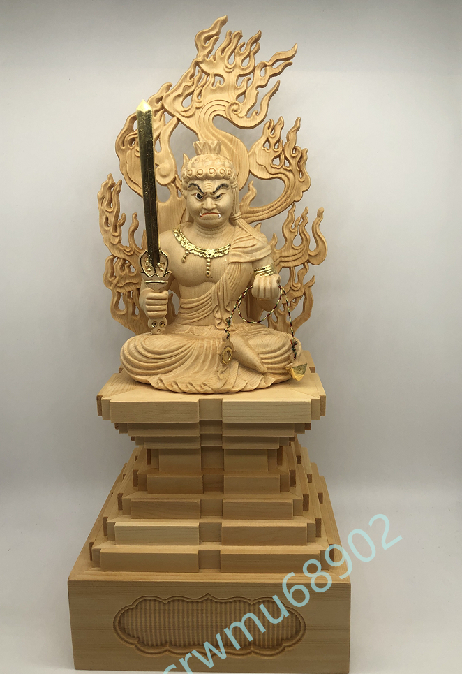 総檜材 木彫仏像 仏教美術 精密細工 仏師で仕上げ品 切金 不動明王座像 高さ37cm