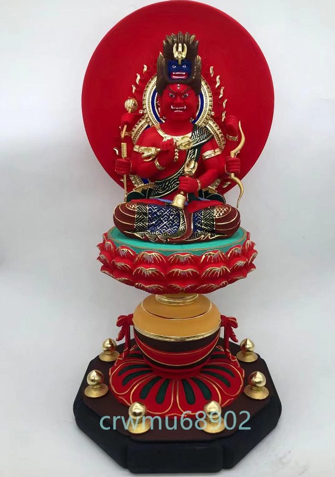 仏教工芸品 総檜材 木彫仏像 仏教美術 精密細工 切金 仏師で仕上げ品 彩色愛染明王像 高さ30cm