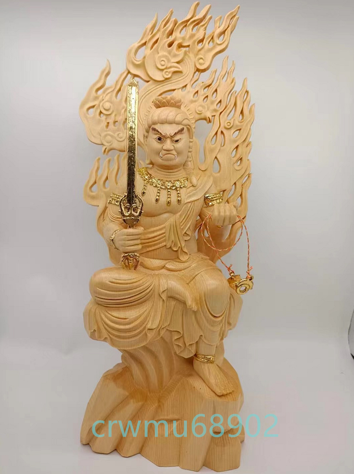 珍品 新作 総檜材 木彫仏像 仏教美術 精密細工 仏師で仕上げ品 切金 不動明王座像 高さ34cm