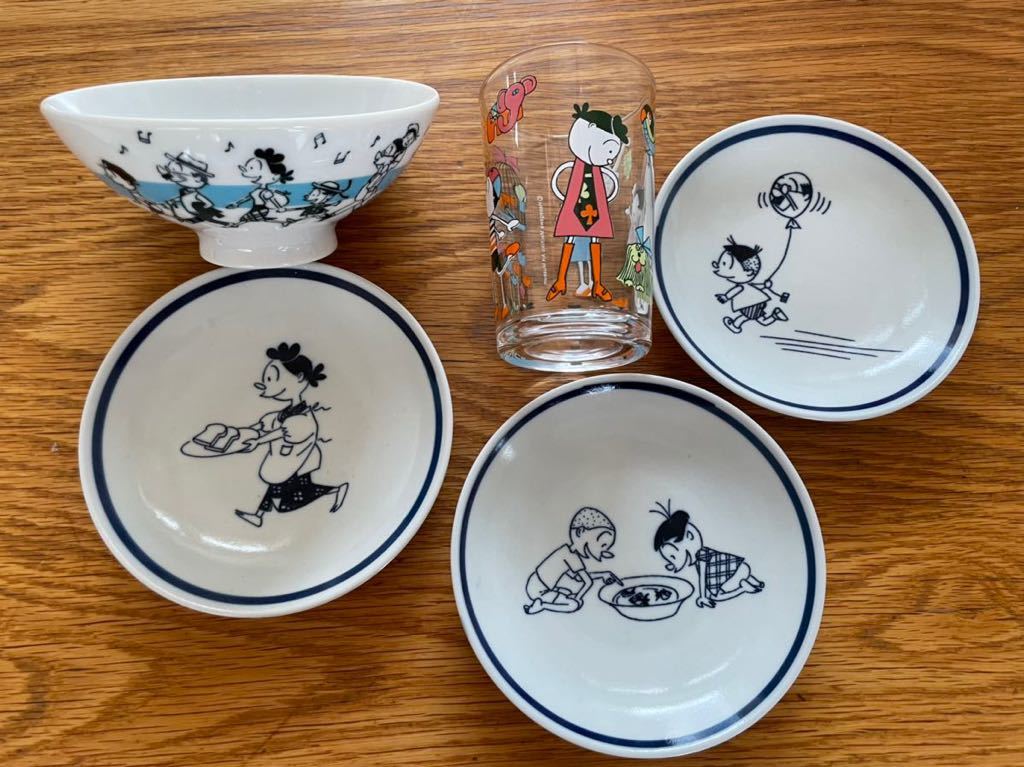 ①長谷川町子記念館 美術館 お茶碗 豆皿 グラス5点 レトロサザエさん