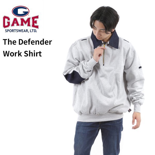 【サイズ L】 Game Sportswear ゲームスポーツウェア ハーフジップ スウェット グレー The Defender Work Shirt 無地 男性 メンズ