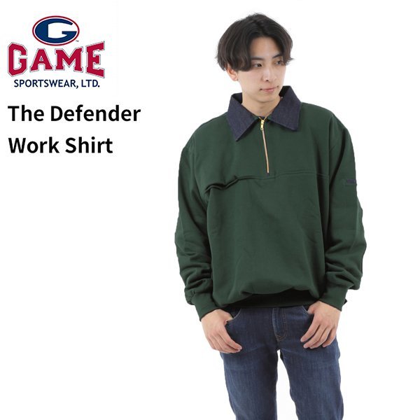 【サイズM】 Game Sportswear ゲームスポーツウェア ハーフジップ スウェット グリーン The Defender Work Shirt 無地 男性 メンズ
