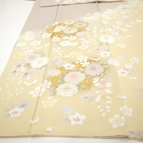 訪問着 着物 本加工 金彩加工 金駒刺繍 手染め ぼかし染 クリーム色