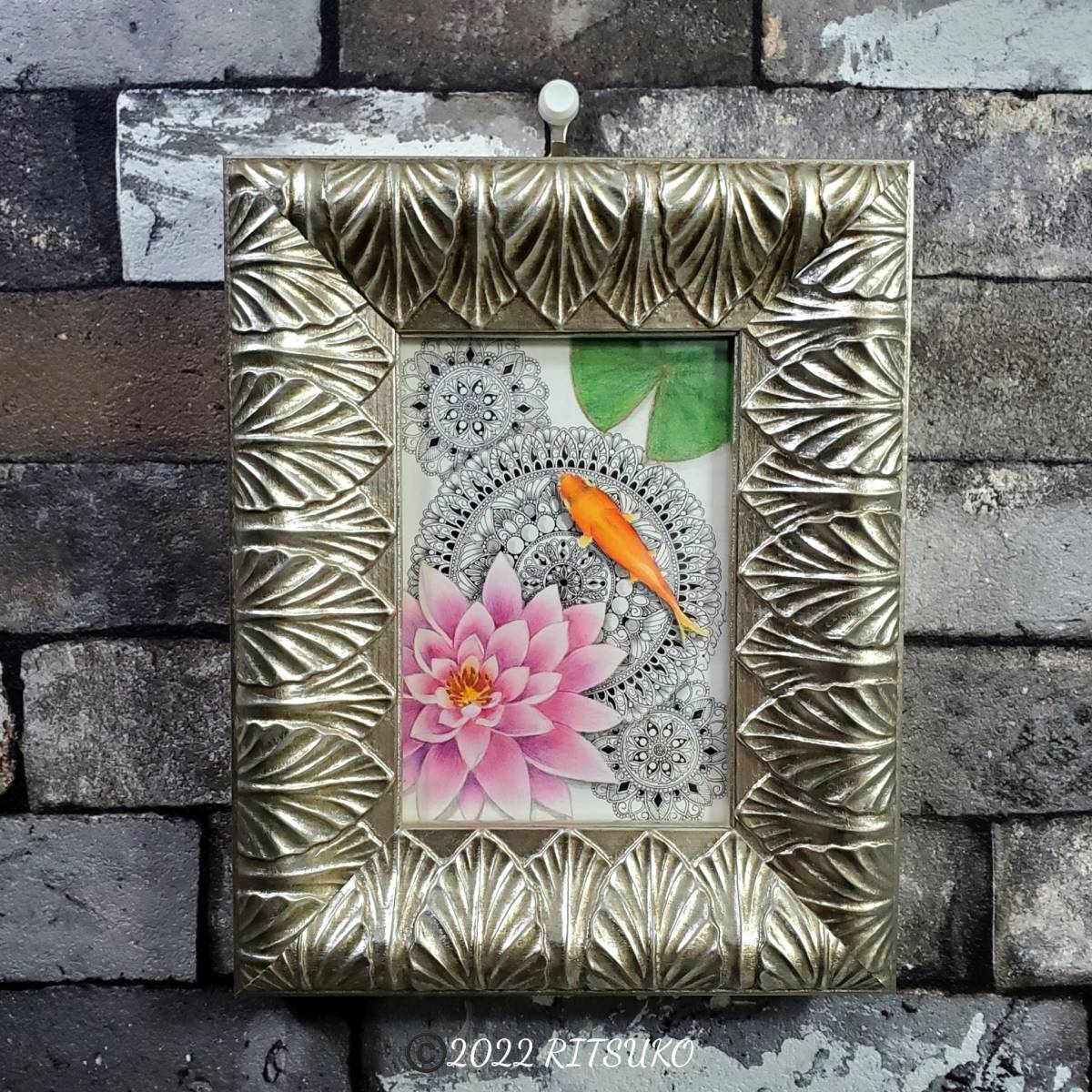  original picture 1 point thing frame attaching color pencil . ballpen . Japanese writer goldfish flower amount entering 18cm×23cm picture . art interior better fortune .. up 