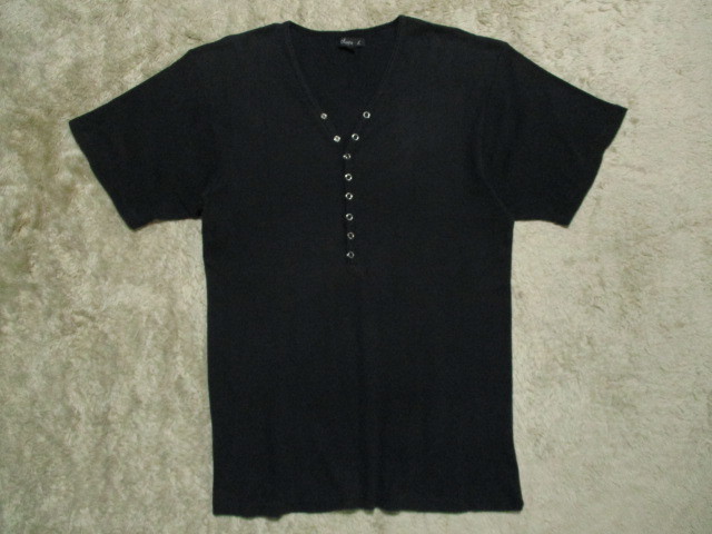 メンズ ノーブランド リブ素材 Vネック 半袖Tシャツ 黒 Lの画像1