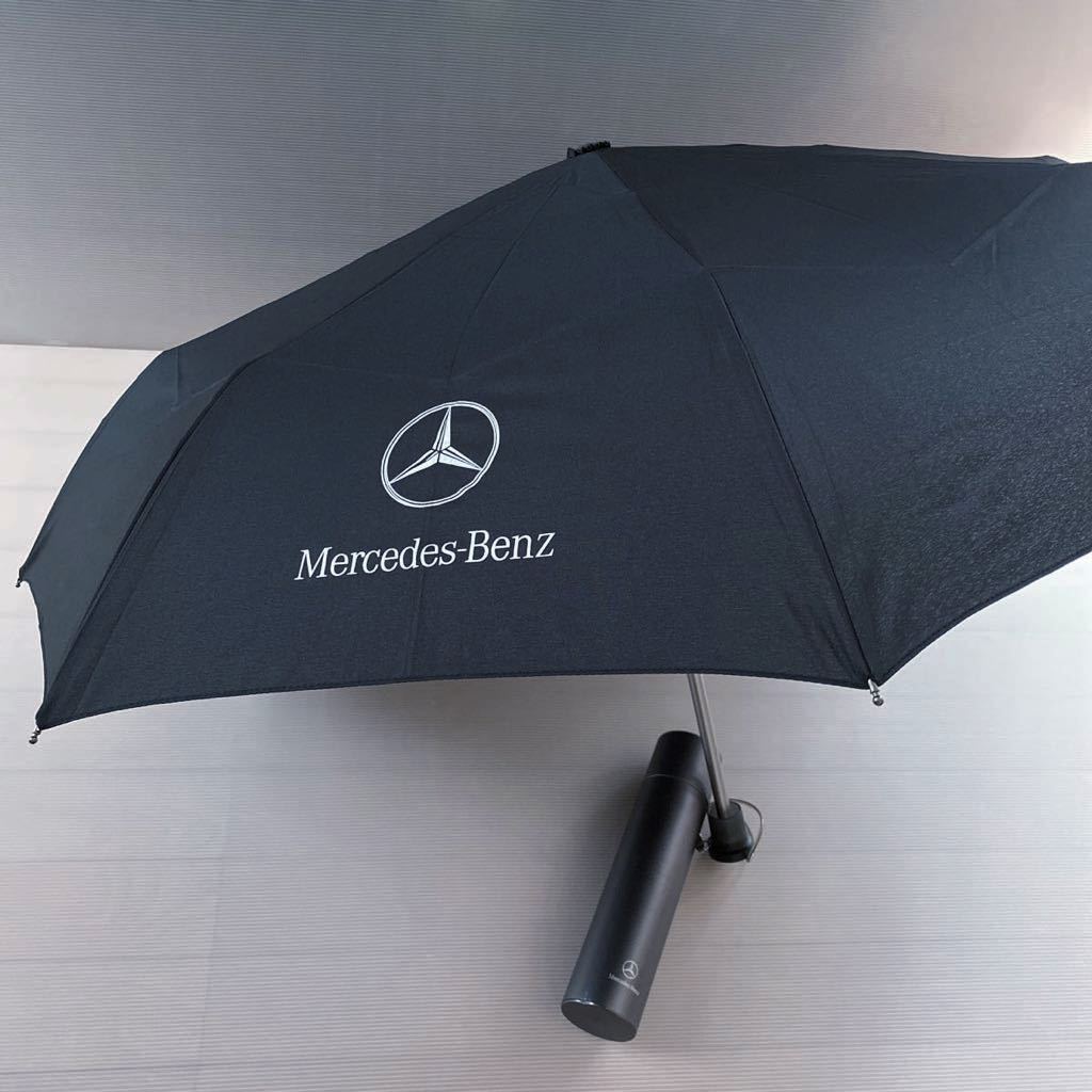 【訳あり】 Mercedes Benz ベンツ 折りたたみ 傘 スチール缶入り 未使用車載15年傷ダメージ有 ケース直径5.5×縦24cm 傘直径約90×柄約54.5_画像1