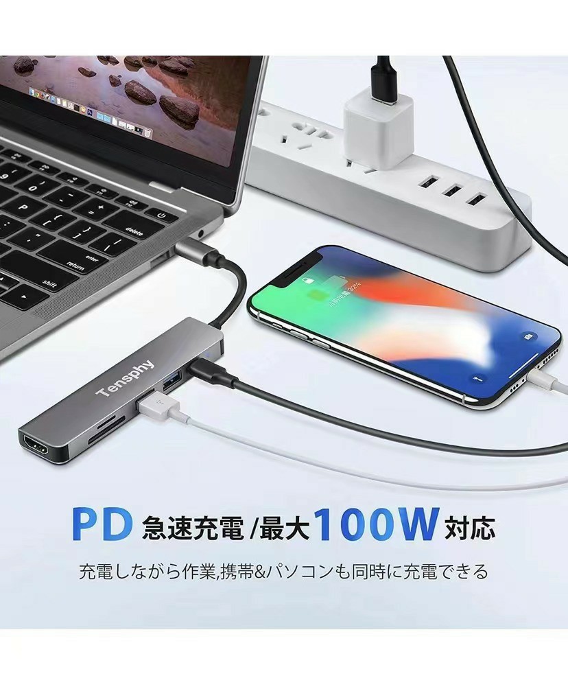 新品 USB Type C ハブ 6 in 1 4K HDMI SD TFカードリーダー PD充電 USB3.0 高速データ伝送