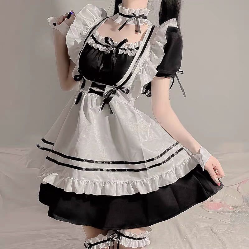 【Sサイズ】黒メイド服 萌え コスプレ 衣装 ロリータ かわいい 6点セット