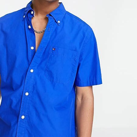 USA正規品 【XL】 TOMMY HILFIGER トミーヒルフィガー 半袖 ボタンダウンシャツ 青 クラシックフィット 刺繍フラッグロゴ 胸ポケットあり
