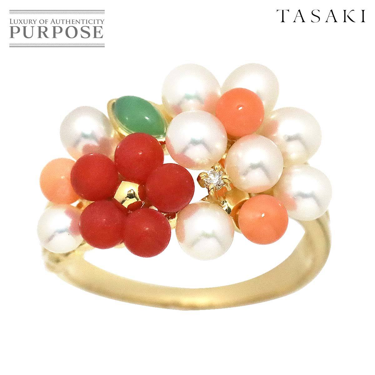 タサキ TASAKI 15号 リング 淡水パール サンゴ ダイヤ 0.01ct K18 YG