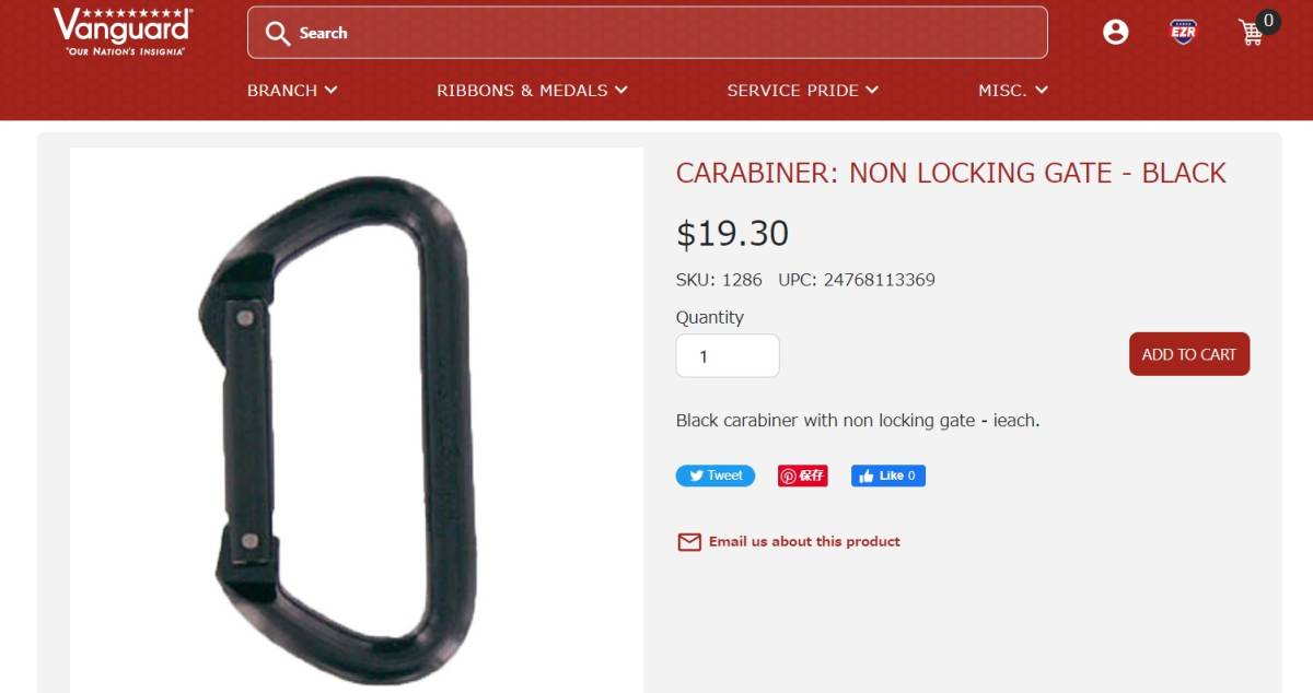 特価SALE！U.S. ( Omeg USA社製軍規格品) カラビナ（個人装備）Black carabiner with non locking gate (Vanguard) 在庫限り_参考画像