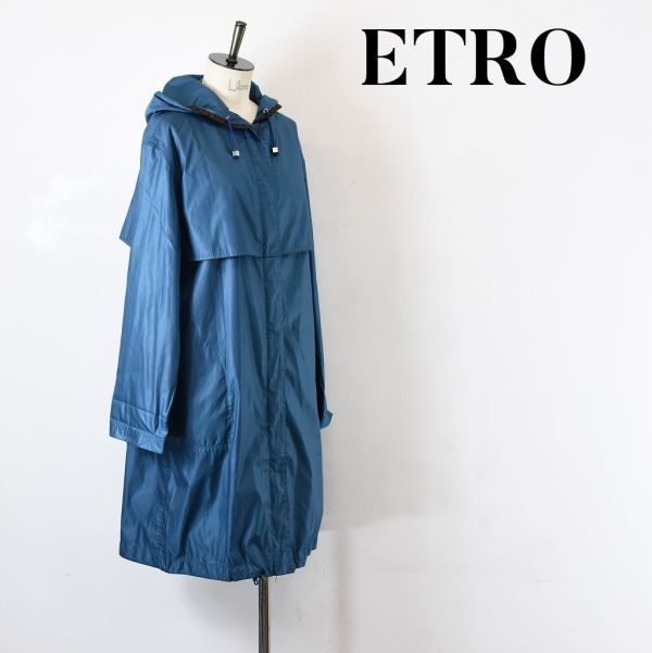 SS A1823 高級 ETRO エトロ ナイロン 薄手 ドレープ 光沢 フーディー ロング コート ジャケット マリンブルー レディース M_画像1