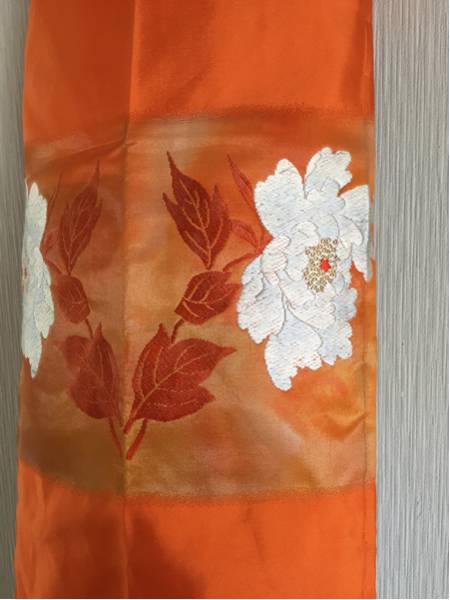 [ oil single ] remake goods silk Nagoya obi reverse side cotton flannel cloth .. pattern embroidery carrot color 
