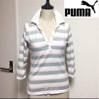  原文:S931【中古】puma ポロシャツ ボーダー ピンク グレー Mサイズ ゴルフウェア Tシャツ