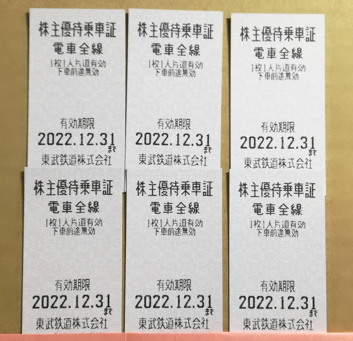 東武鉄道 株主優待乗車証 未使用品 6枚　（有効期限：2022年12月31日）　ゆうパケット(おてがる配送)での発送_画像1