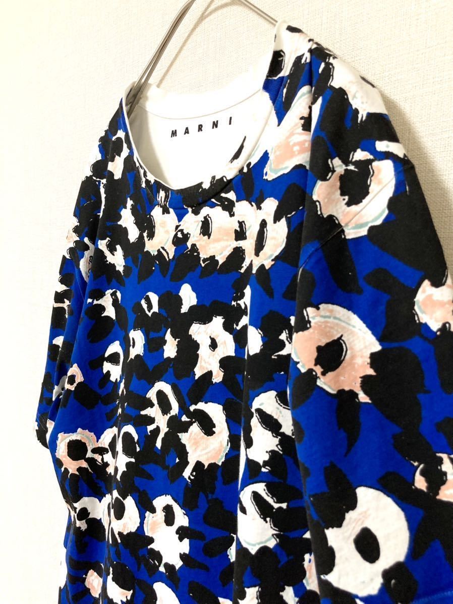 マルニ　marni 花柄　総柄　ロゴ　プリント　Tシャツ フローラル　メンズ　ブルー　青　ホワイト　46 M コットン　綿　グラフィック