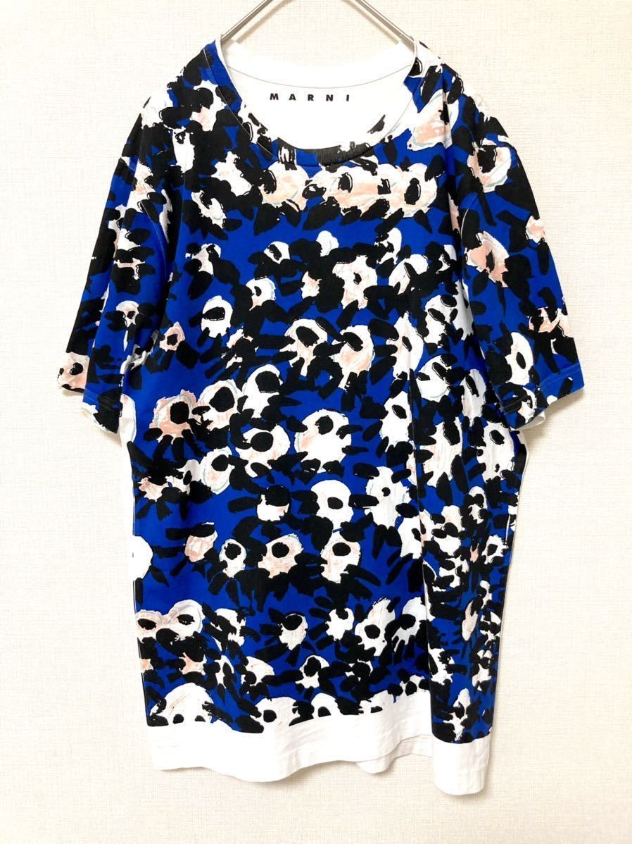 マルニ marni 花柄 総柄 ロゴ プリント Tシャツ フローラル メンズ ブルー 青 ホワイト 46 M コットン 綿 グラフィックの画像1