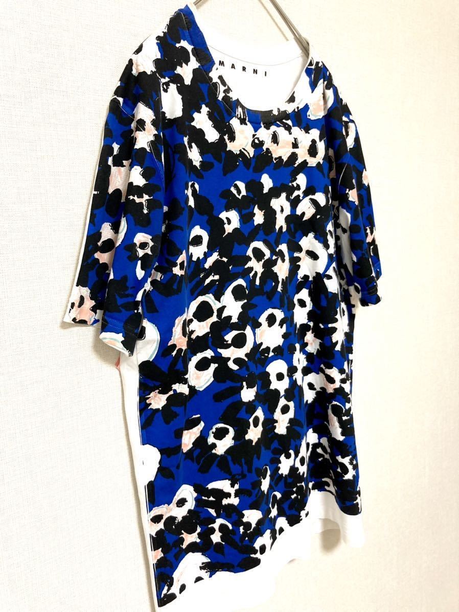 マルニ marni 花柄 総柄 ロゴ プリント Tシャツ フローラル メンズ ブルー 青 ホワイト 46 M コットン 綿 グラフィックの画像2