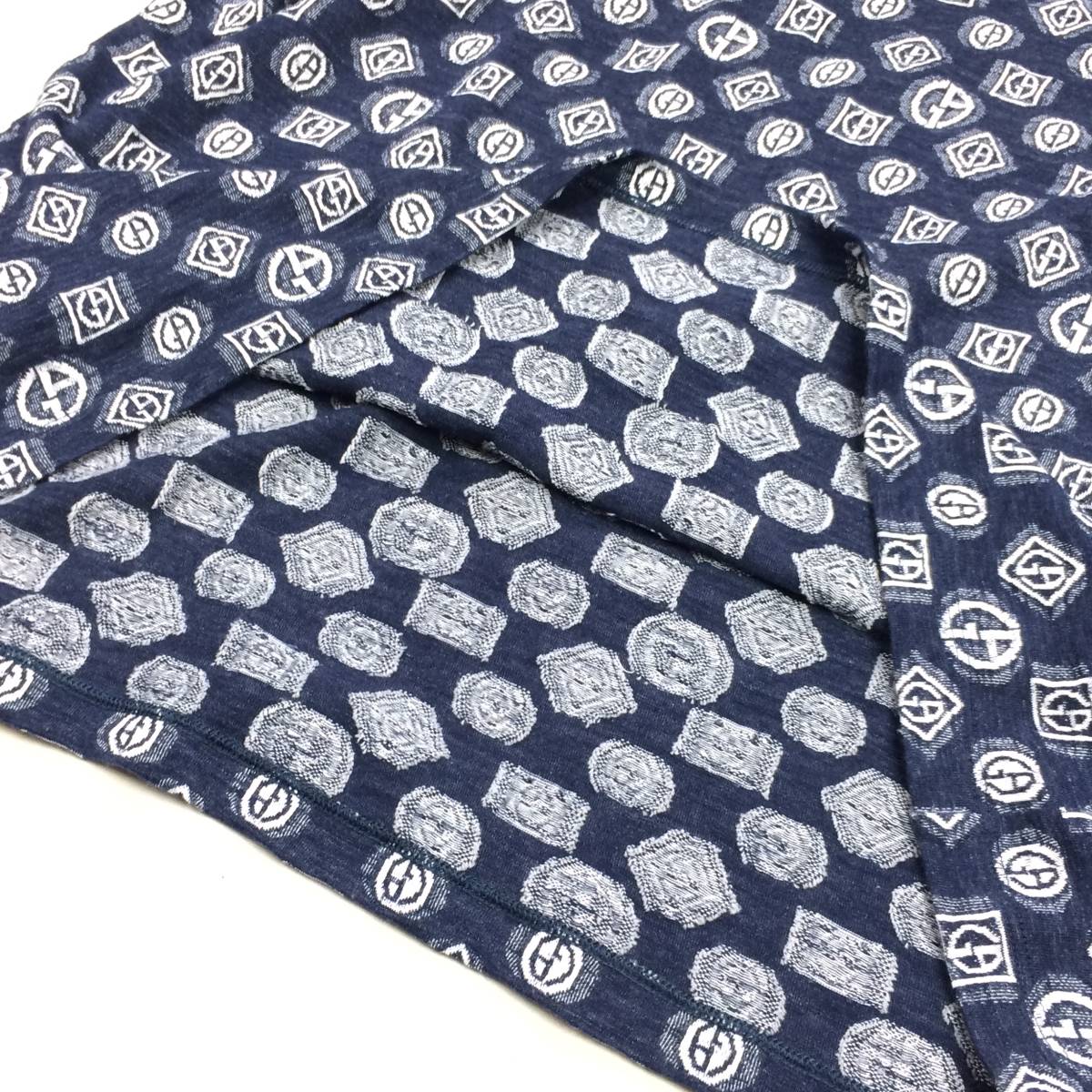イタリア製 黒タグ GIORGIO ARMANI/ジョルジオ アルマーニ 清涼シャンブレーコットン 総柄ロゴ刺繍  エンブロイダリーTシャツ/半袖Tシャツ
