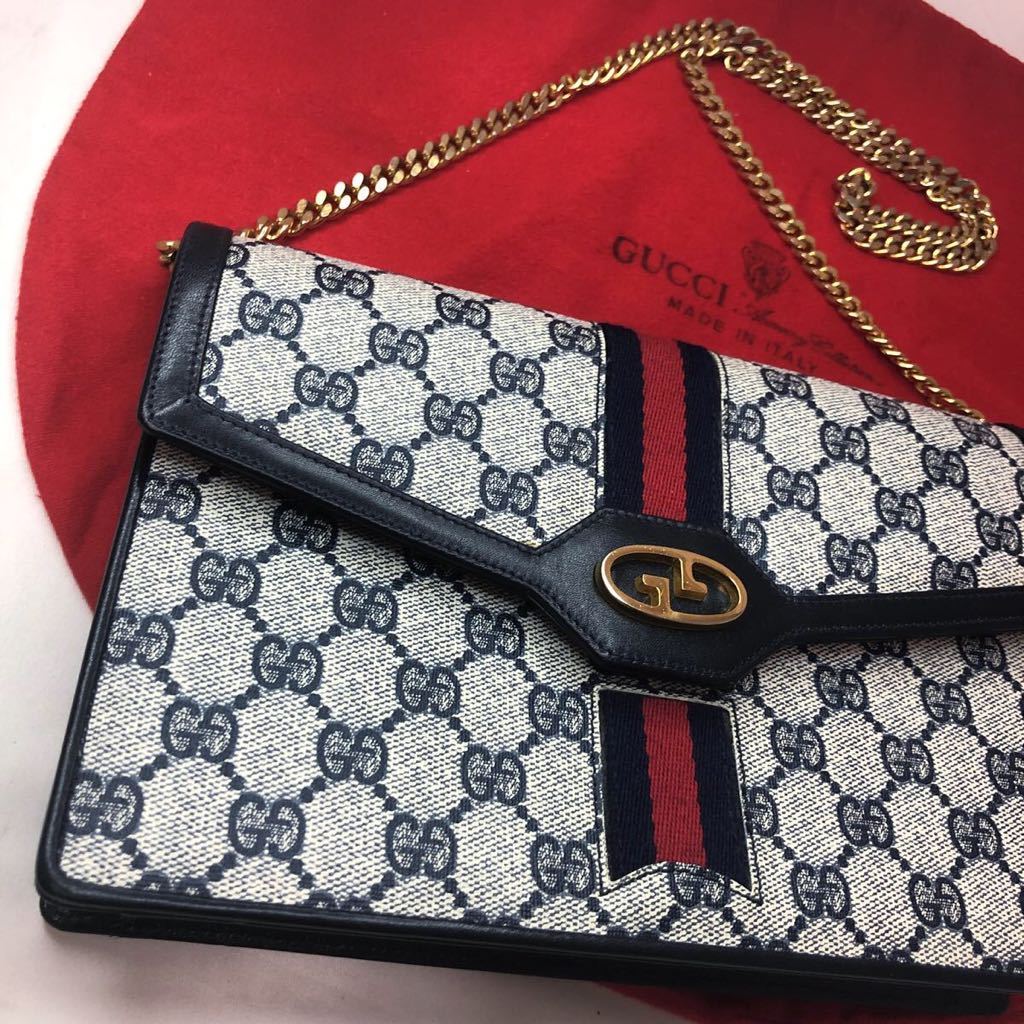 1円 〜 美品 GUCCI グッチ シェリーライン GG柄 チェーン ミニ ショルダーバッグ ハンドバッグ ヴィンテージ バッグ ネイビー_画像4