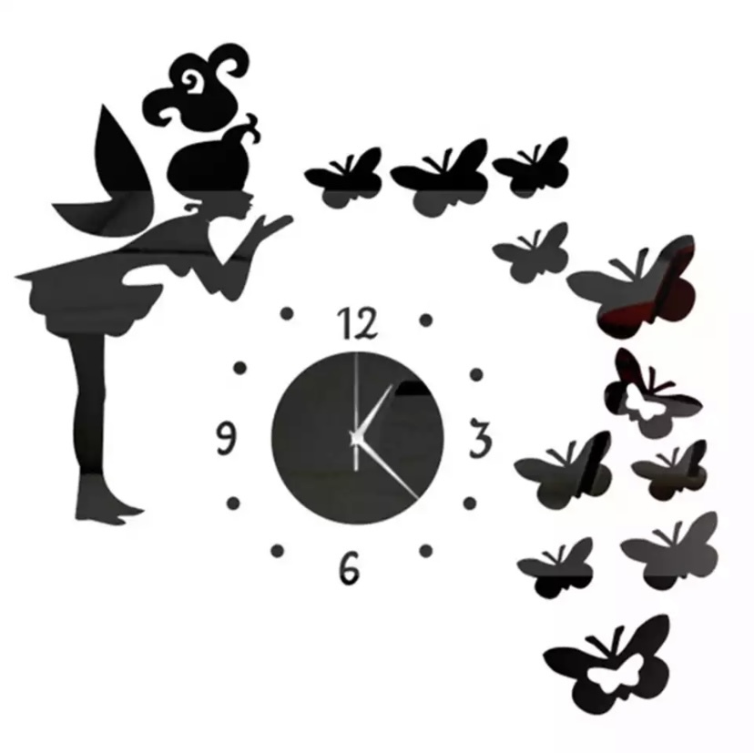 送料無料激安祭 妖精 時計 ブラック 3Dウォールクロック ウォールステッカー 韓国 立体時計 ギフト
