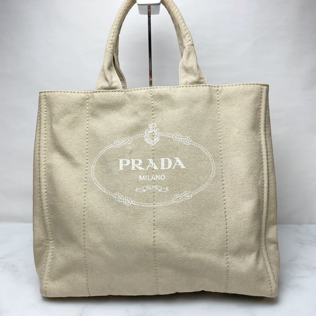 1円【ほぼ未使用！】PRADA MILANO プラダ ミラノ 本物 トートバッグ カナパ キャンバス 三角プレート 超人気 オフホワイト 大容量 1スタ _画像2