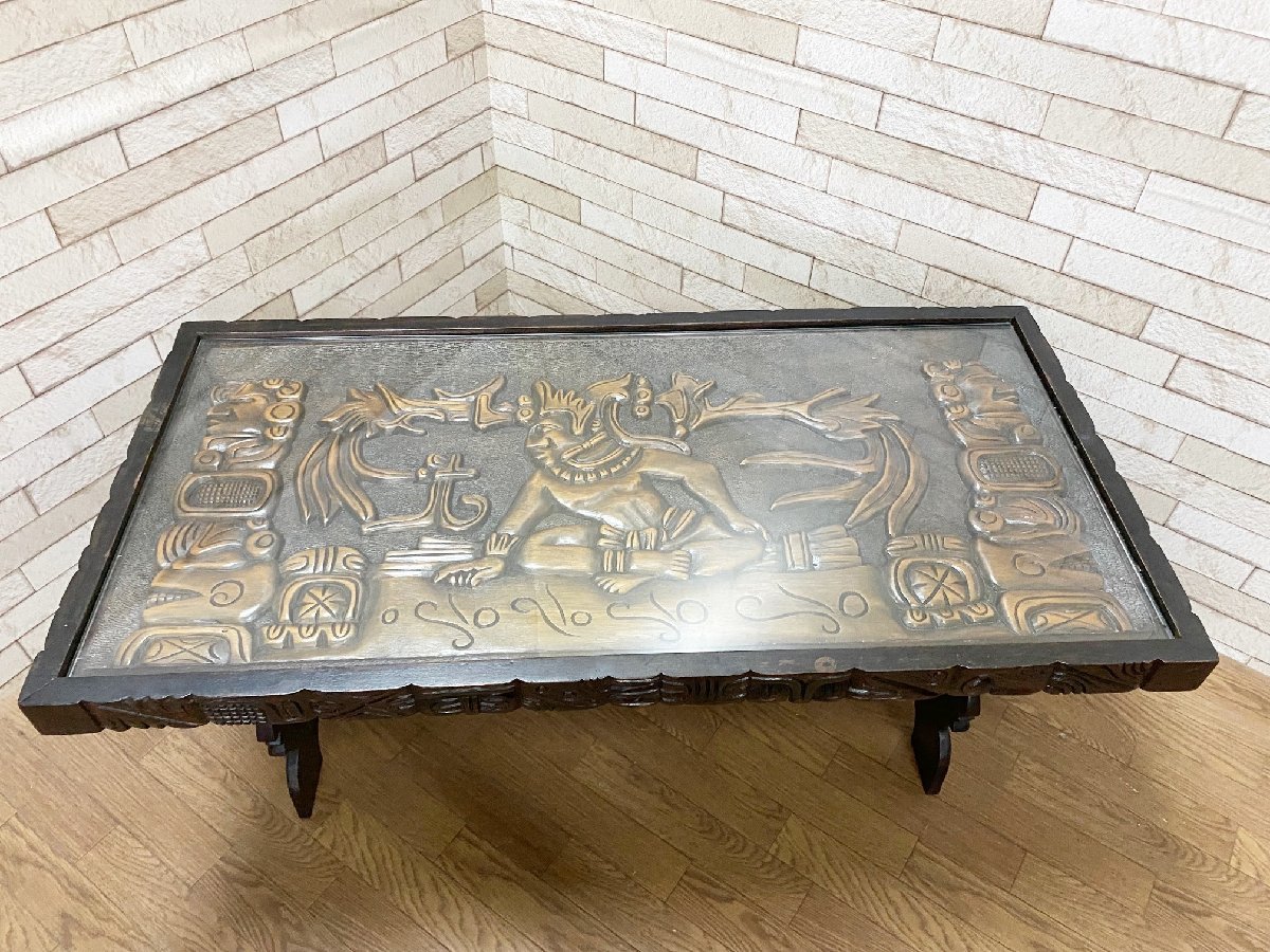 民族彫刻/木彫ガラステーブル/ハンドメイドテーブル/リフェクトリーテーブル/サイドテーブル