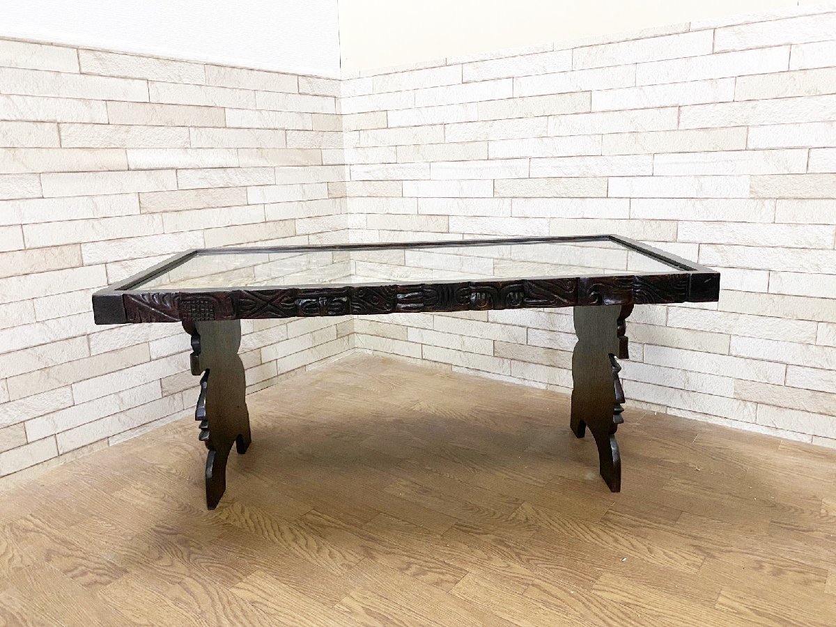 民族彫刻/木彫ガラステーブル/ハンドメイドテーブル/リフェクトリーテーブル/サイドテーブル