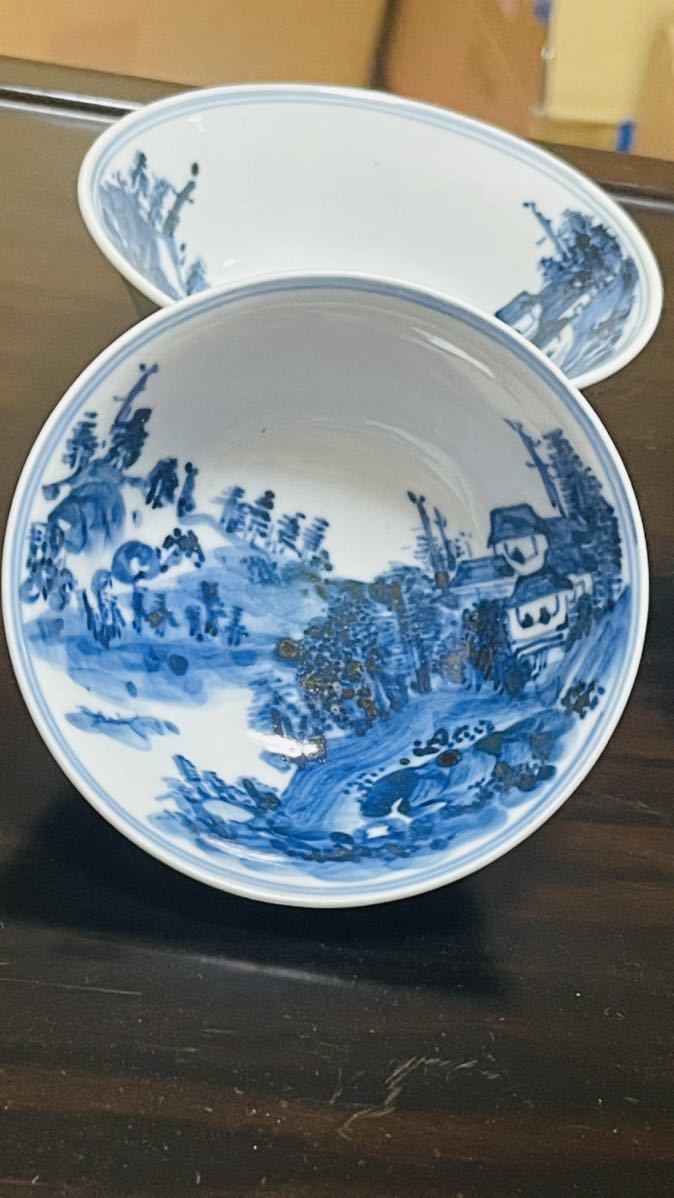 京焼 名工「 華中亭道八 作 」 青花 山水図 煎茶碗 時代物 骨董 器 染付 _画像4