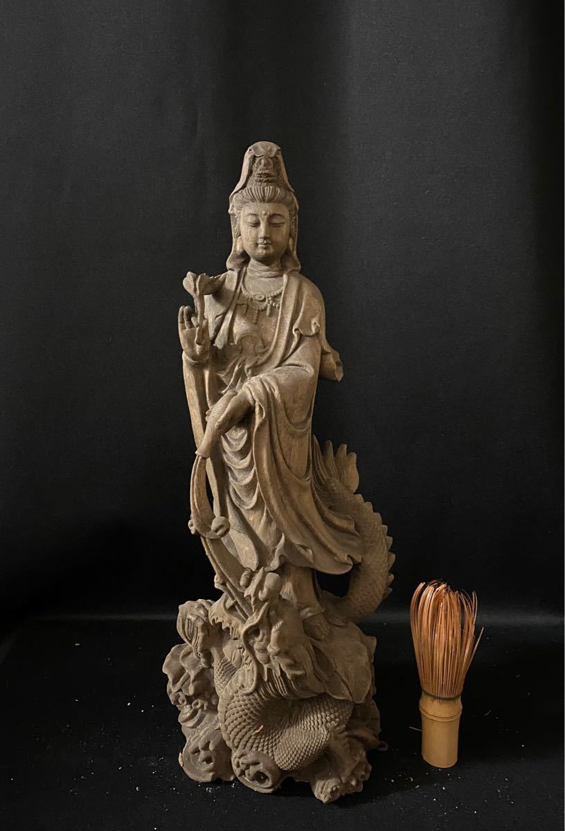 総楠材 高36cm 仏教工芸品 時代彫刻 木彫仏教 仏師で仕上げ品 龍上観音