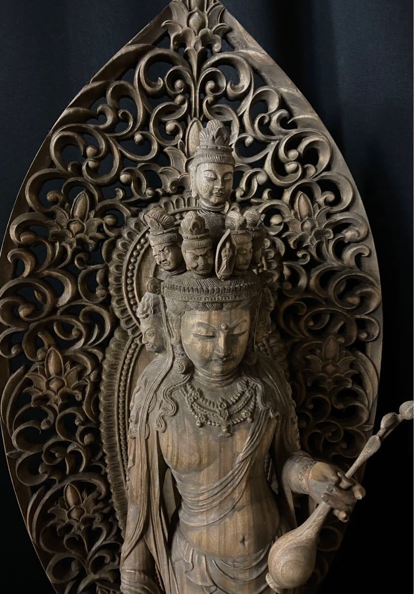 特大型高91cm 井波彫刻 仏教工芸品 総楠製 極上彫 木彫仏像 十一面観音